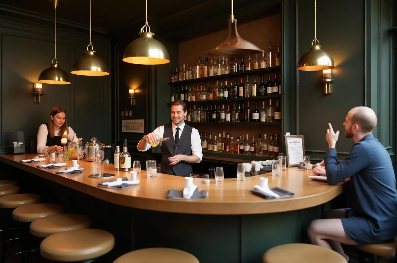 Barman w kamizelce przygotowuje koktajle przy długim barze z podświetlonymi butelkami, w tle rozmawiający goście